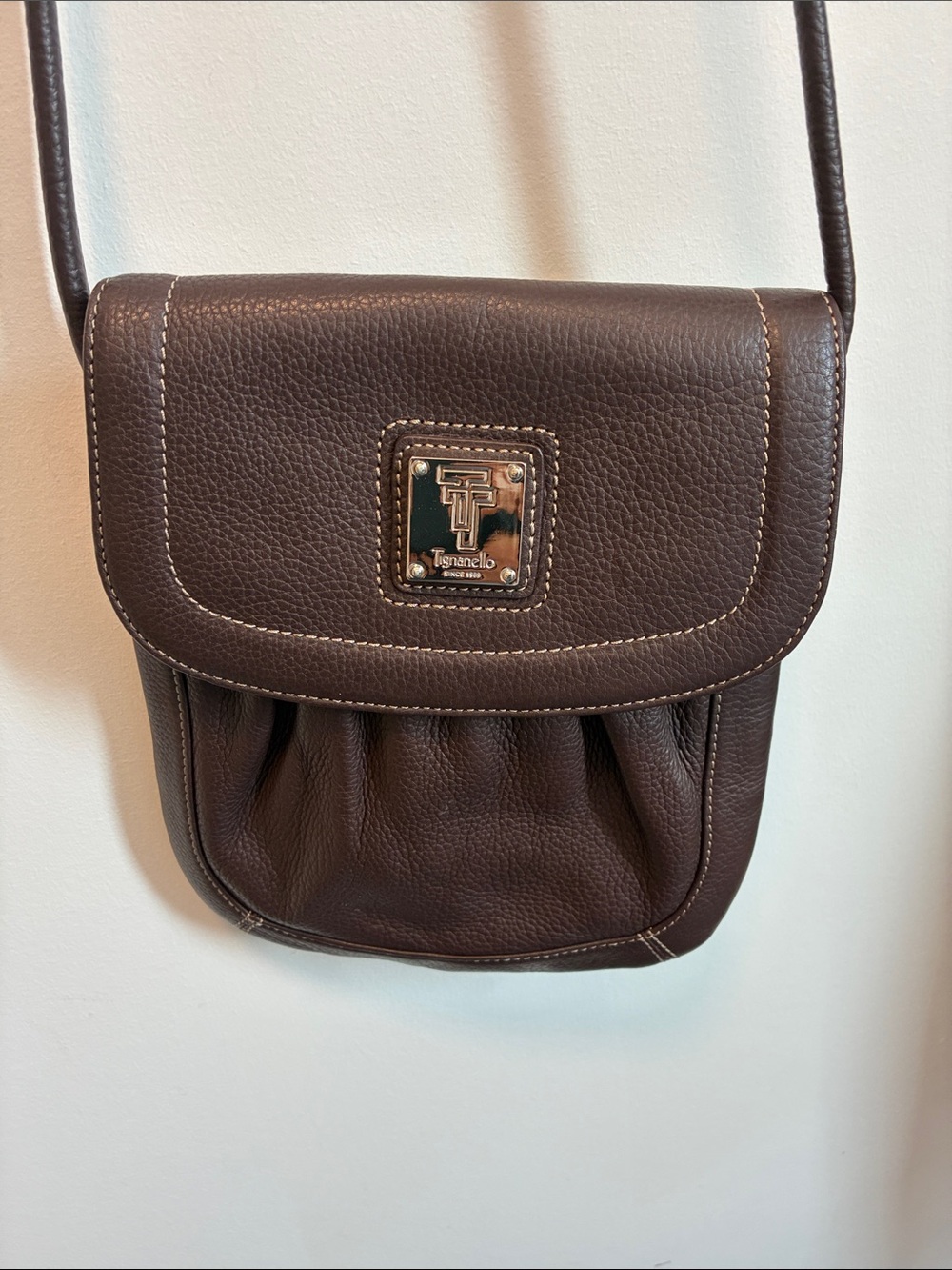 Tignanello Dark Brown Pebbled Leather Messenger Crossbody